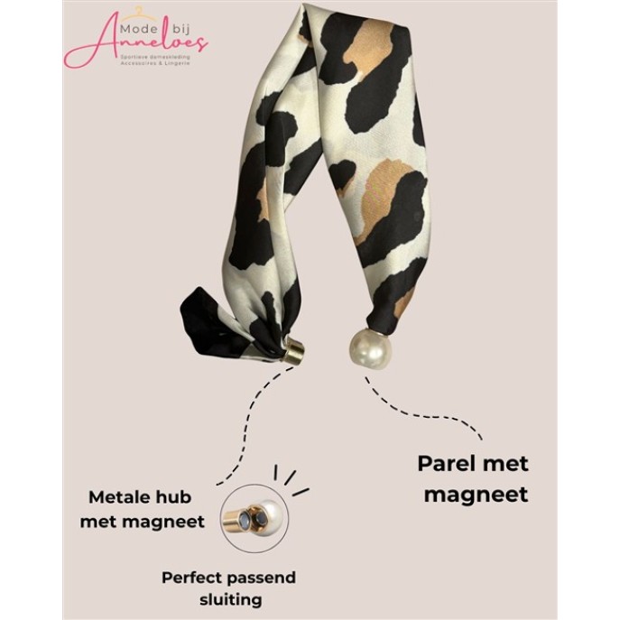 Dames Halssjaal zwart wit dierenprint korte sjaal met parel 523